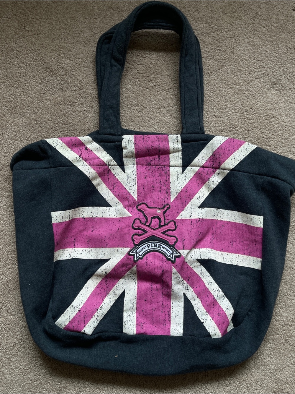 PINK Victoria's Secret Black Tote with Pink & White Union Jack Graphic